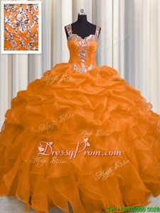 Custom Fit Sleeveless Floor Length Appliques and Ruffles Zipper Sweet 16 Dress with Orange