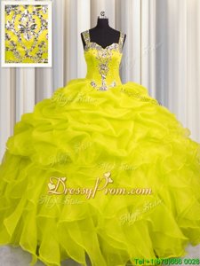 Stunning Organza Straps Sleeveless Zipper Appliques and Ruffles 15th Birthday Dress inYellow Green