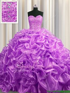 Fitting Lavender Lace Up Sweetheart Beading and Pick Ups Quince Ball Gowns Organza Sleeveless Court Train