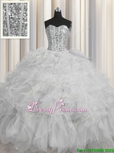 Grey Sweetheart Lace Up Beading and Ruffles and Sequins Quinceanera Dresses Sleeveless