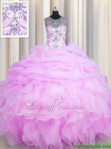 Eye-catching Lilac Ball Gowns Beading and Ruffles and Pick Ups Ball Gown Prom Dress Lace Up Organza Sleeveless Floor Length