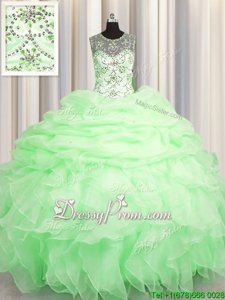 Graceful Spring Green Organza Lace Up Vestidos de Quinceanera Sleeveless Floor Length Beading and Ruffles and Pick Ups
