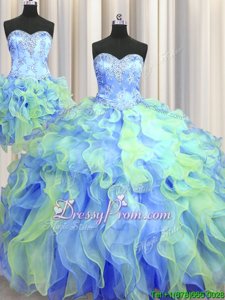 Admirable Multi-color 15th Birthday Dress Military Ball and Sweet 16 and Quinceanera and For withBeading and Appliques and Ruffles Sweetheart Sleeveless Lace Up