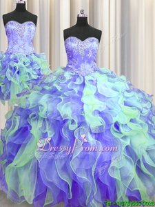Top Selling Floor Length Multi-color Quinceanera Gowns Organza Sleeveless Spring and Summer and Fall and Winter Beading and Appliques and Ruffles