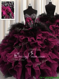 Elegant Red And Black Organza Lace Up 15th Birthday Dress Sleeveless Floor Length Beading and Ruffles