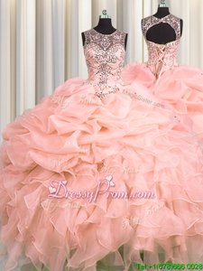 Stunning Peach Scoop Lace Up Beading and Ruffles and Pick Ups Sweet 16 Dresses Sleeveless