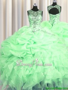 Customized Apple Green Lace Up Scoop Beading and Ruffles and Pick Ups 15th Birthday Dress Organza Sleeveless