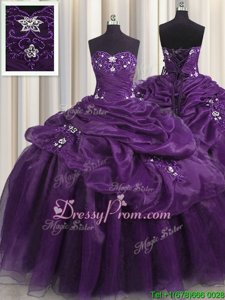 Custom Fit Sweetheart Sleeveless Lace Up 15 Quinceanera Dress Eggplant Purple and Purple Organza and Taffeta