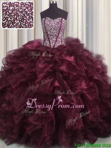 High End Burgundy Lace Up Sweetheart Beading and Ruffles Quinceanera Gown Organza Sleeveless Brush Train