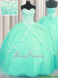 Stylish With Train Turquoise 15th Birthday Dress Sweetheart Sleeveless Brush Train Lace Up