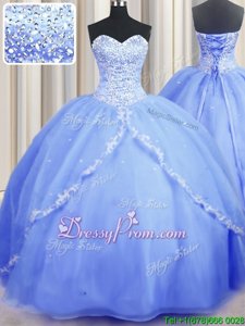 Most Popular With Train Ball Gowns Sleeveless Baby Blue Quinceanera Dress Brush Train Lace Up