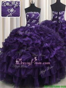 Fashionable Purple Ball Gowns Organza Strapless Sleeveless Appliques and Ruffles and Ruffled Layers Floor Length Lace Up Quinceanera Dress