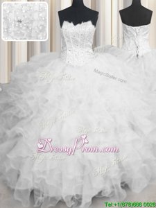 On Sale Sleeveless Floor Length Beading and Ruffles Lace Up Sweet 16 Quinceanera Dress with White