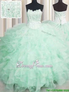 Organza Scalloped Sleeveless Lace Up Beading and Ruffles Quinceanera Gowns inApple Green