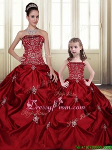 Most Popular Wine Red Strapless Neckline Embroidery and Pick Ups Quince Ball Gowns Sleeveless Lace Up