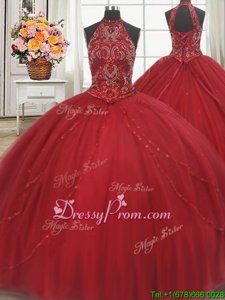 Smart Red Tulle Lace Up Sweet 16 Quinceanera Dress Sleeveless With Train Court Train Beading and Appliques