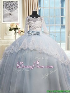 New Arrival Light Blue Half Sleeves Brush Train Beading and Lace and Bowknot With Train Sweet 16 Quinceanera Dress