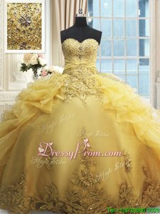 Enchanting Floor Length Yellow Quinceanera Dresses Organza Sleeveless Spring and Summer and Fall and Winter Beading and Appliques and Ruffles