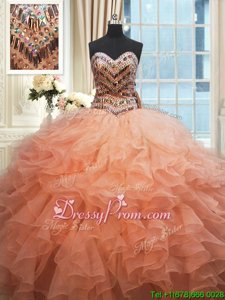 High Quality Peach Sweetheart Neckline Beading and Ruffles Quinceanera Gowns Sleeveless Lace Up