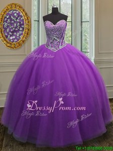 Affordable Eggplant Purple Tulle Lace Up 15th Birthday Dress Sleeveless Floor Length Beading