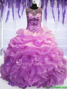 Beauteous Lilac Ball Gowns Organza Scoop Sleeveless Beading and Pick Ups Floor Length Lace Up Sweet 16 Quinceanera Dress