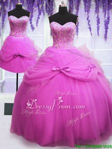 Hot Selling Lilac Lace Up Sweet 16 Dress Beading and Bowknot Sleeveless Floor Length