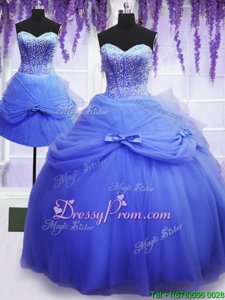 Noble Floor Length Blue 15th Birthday Dress Tulle Sleeveless Spring and Summer and Fall and Winter Beading and Bowknot