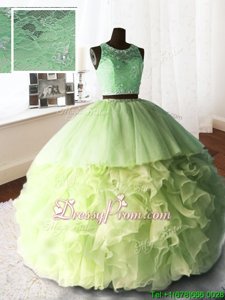 Glorious Yellow Green Sleeveless With Train Beading and Lace and Ruffles Zipper 15th Birthday Dress