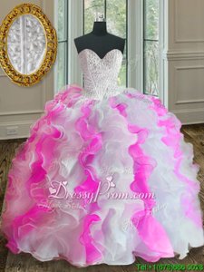 Enchanting Pink And White Ball Gowns Sweetheart Sleeveless Organza Floor Length Lace Up Beading and Ruffles Quinceanera Gowns