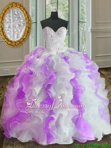 Wonderful White And Purple Organza Lace Up 15 Quinceanera Dress Sleeveless Floor Length Beading and Ruffles