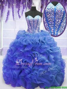 Smart Royal Blue Organza Lace Up Sweet 16 Quinceanera Dress Sleeveless Sweep Train Beading and Ruffles