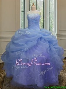 Custom Made Sleeveless Organza Floor Length Lace Up Quinceanera Dress inBlue forSpring and Summer and Fall and Winter withEmbroidery and Pick Ups