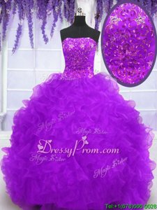 Charming Strapless Sleeveless Brush Train Lace Up Quinceanera Gown Eggplant Purple Organza