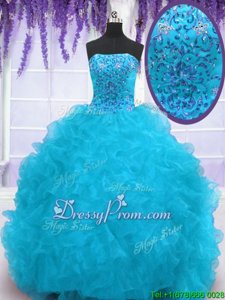 Smart Strapless Sleeveless 15th Birthday Dress With Brush Train Beading and Ruffles Aqua Blue Organza