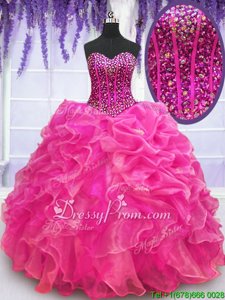 Stunning Hot Pink Ball Gowns Organza Sweetheart Sleeveless Beading and Ruffles Floor Length Lace Up Ball Gown Prom Dress