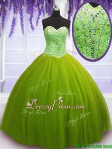 Noble Floor Length Olive Green 15th Birthday Dress Tulle Sleeveless Spring and Summer and Fall and Winter Beading