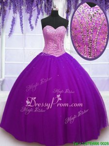 Top Selling Eggplant Purple Ball Gowns Beading Quinceanera Dresses Lace Up Tulle Sleeveless Floor Length
