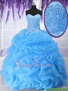 Beauteous Baby Blue Organza Lace Up Sweetheart Sleeveless Floor Length Quince Ball Gowns Beading and Ruffles