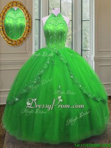 Stylish Spring Green Tulle Lace Up Ball Gown Prom Dress Sleeveless Floor Length Beading and Appliques