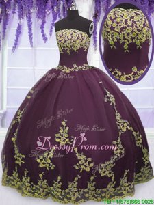 Graceful Strapless Sleeveless Sweet 16 Quinceanera Dress Floor Length Appliques Purple Tulle