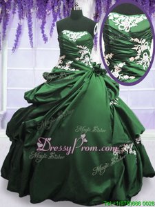 Designer Strapless Sleeveless Sweet 16 Quinceanera Dress Floor Length Appliques and Pick Ups Dark Green Taffeta