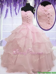 Charming Sleeveless Organza Floor Length Lace Up Quinceanera Dresses inBaby Pink forSpring and Summer and Fall and Winter withRuffled Layers