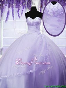 Fashionable Floor Length Lavender Quinceanera Gown Tulle Sleeveless Spring and Summer and Fall and Winter Appliques