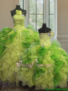 Glittering Multi-color Ball Gowns Organza Strapless Sleeveless Beading and Ruffles Floor Length Lace Up Quinceanera Dresses