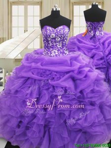 Traditional Floor Length Lace Up Sweet 16 Quinceanera Dress Purple and In forMilitary Ball and Sweet 16 and Quinceanera withEmbroidery and Ruffles