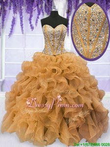 Fabulous Gold Organza Lace Up Sweet 16 Quinceanera Dress Sleeveless Floor Length Beading and Ruffles