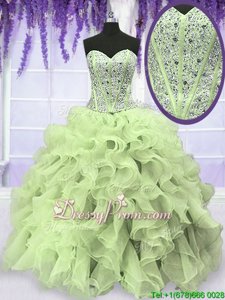 Modest Sleeveless Organza Floor Length Lace Up Quinceanera Dress inYellow Green forSpring and Summer and Fall and Winter withBeading and Ruffles
