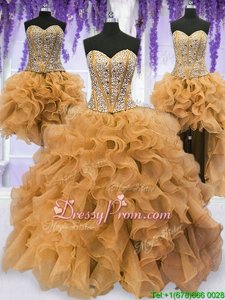 Cheap Gold Ball Gowns Beading and Ruffles Quinceanera Dress Lace Up Organza Sleeveless Floor Length