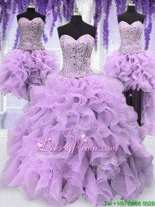 Beauteous Lavender Organza Lace Up Sweetheart Sleeveless Floor Length Quince Ball Gowns Ruffles and Sequins