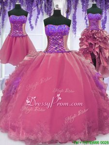Cute Strapless Sleeveless Organza Vestidos de Quinceanera Embroidery and Ruffles Lace Up